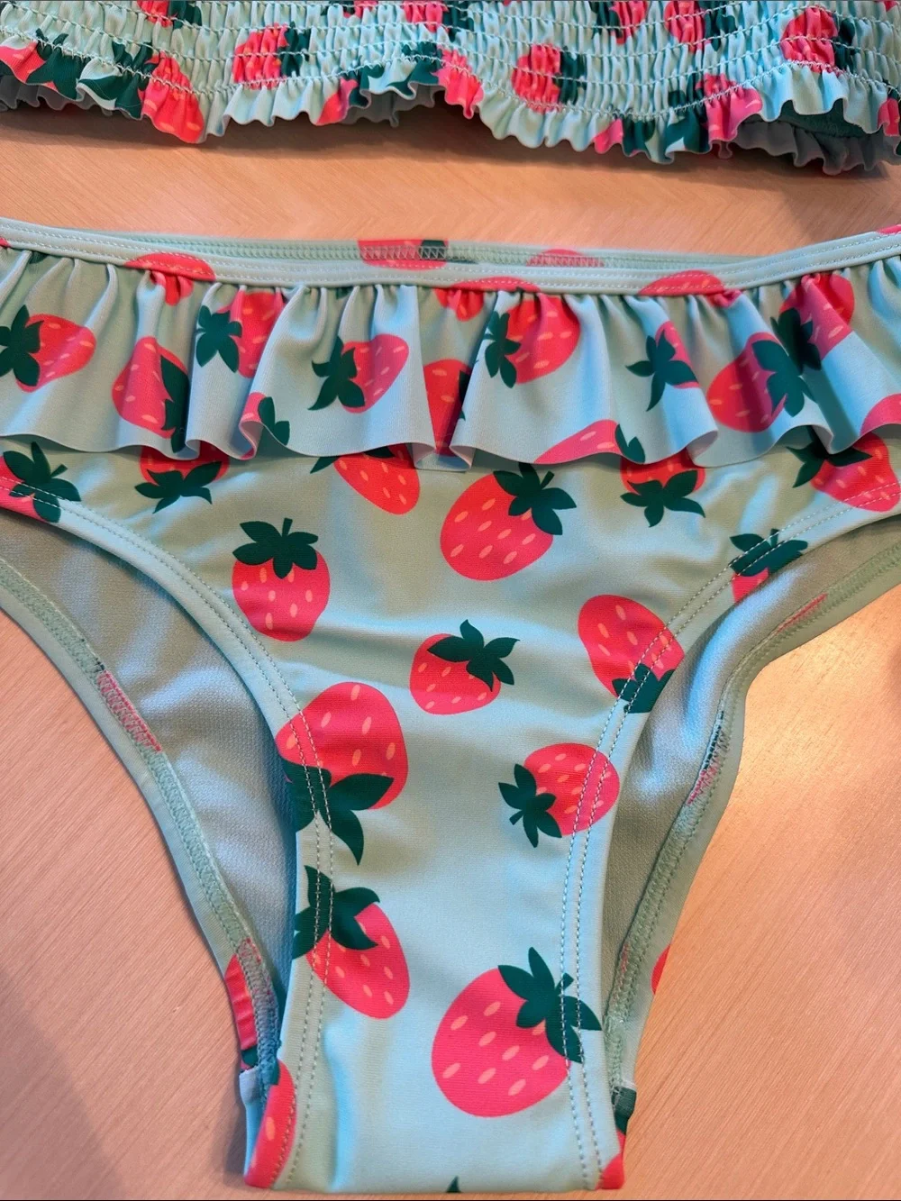 Girls Strawberry Print Ruffle Bikini Set - Mint and Pink NWOT size 7/8